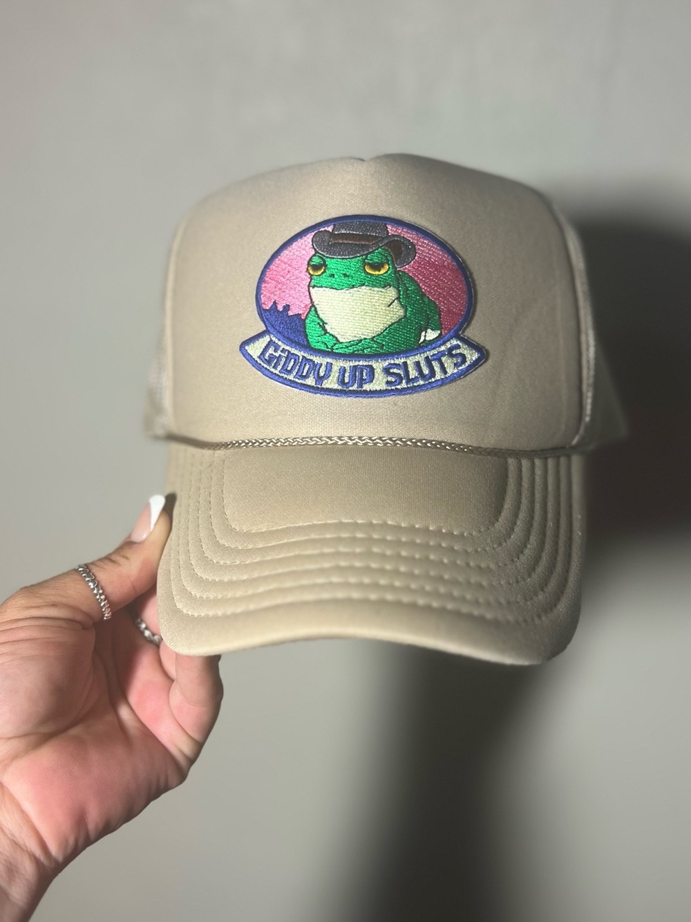 Women’s Beige Trucker Hat with Green Frog Patch and Pink Accent “Giddy Up Sl*ts
